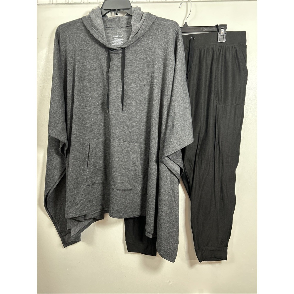 WOMEN XL CUDDL DUD SUPER SOFT 2 PC HOODED PULLOVER & JOGGER SET Black Gray 6491